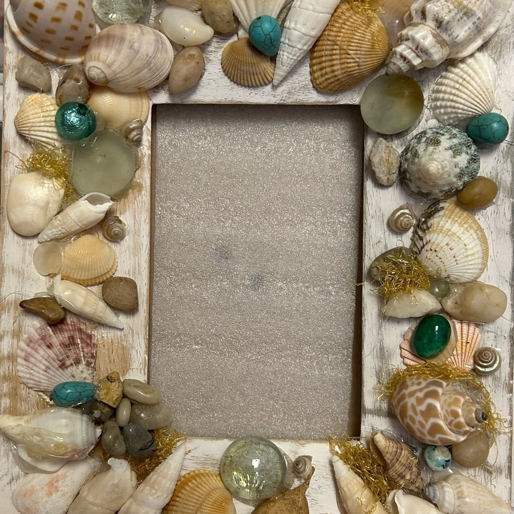Handmade Wood Picture Frame Seashells Aqua Beads White